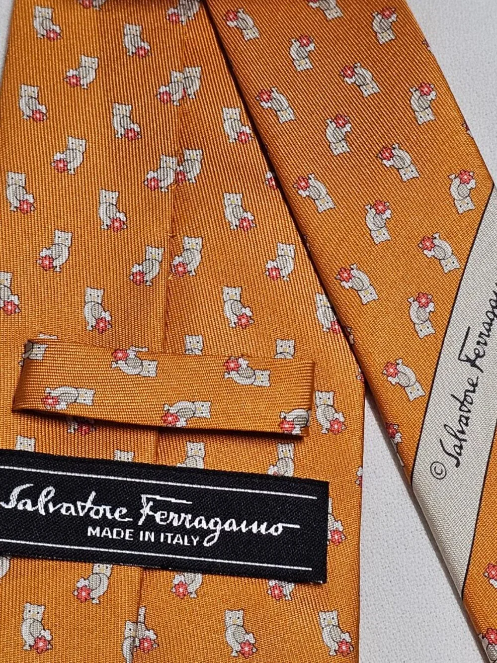 Salvatore Ferragamo Owl Print Men's Silk Tie Orange Background